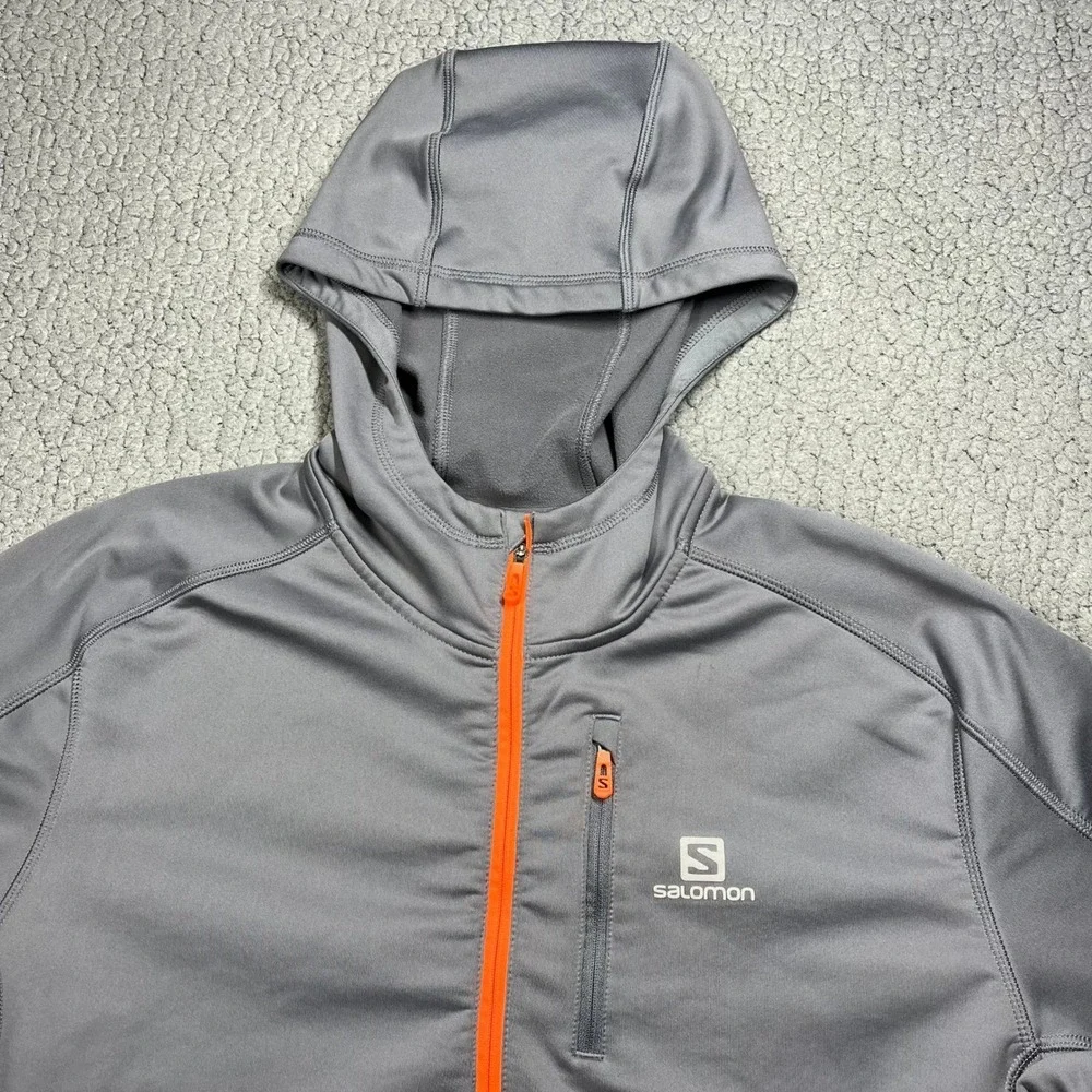 Salomon ActiTherm Mens Large Grey 1/4 Zip Hooded Pullover Jacket Orange Trim